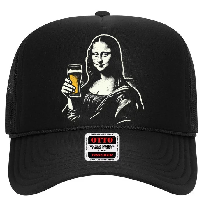 Mona Lisa With Beer Bar Pub Crawl Party High Crown Mesh Trucker Hat