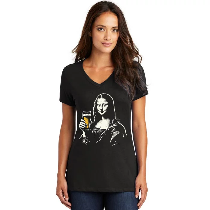 Mona Lisa With Beer Bar Pub Crawl Party Women's V-Neck T-Shirt