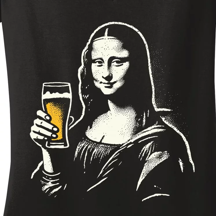 Mona Lisa With Beer Bar Pub Crawl Party Women's V-Neck T-Shirt