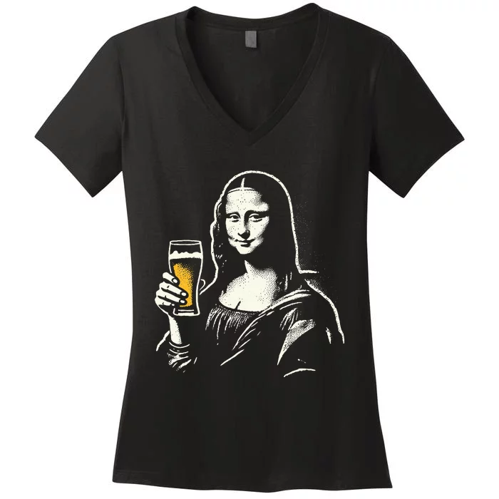 Mona Lisa With Beer Bar Pub Crawl Party Women's V-Neck T-Shirt