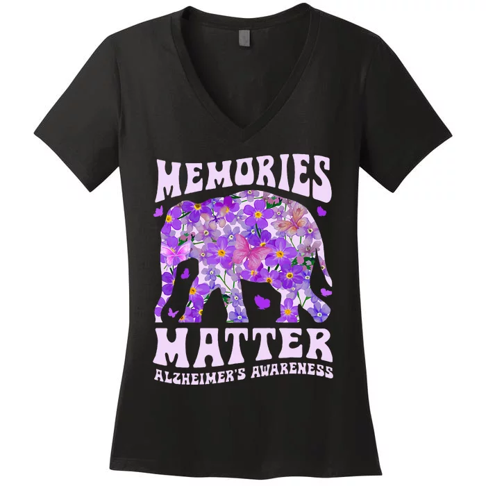 Memories Matter AlzheimerS Awareness Purple Elephant Flower Women's V-Neck T-Shirt