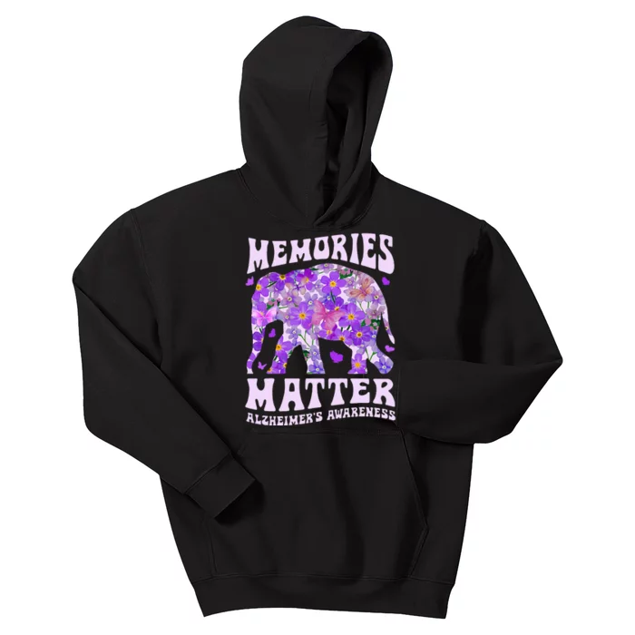 Memories Matter AlzheimerS Awareness Purple Elephant Flower Kids Hoodie