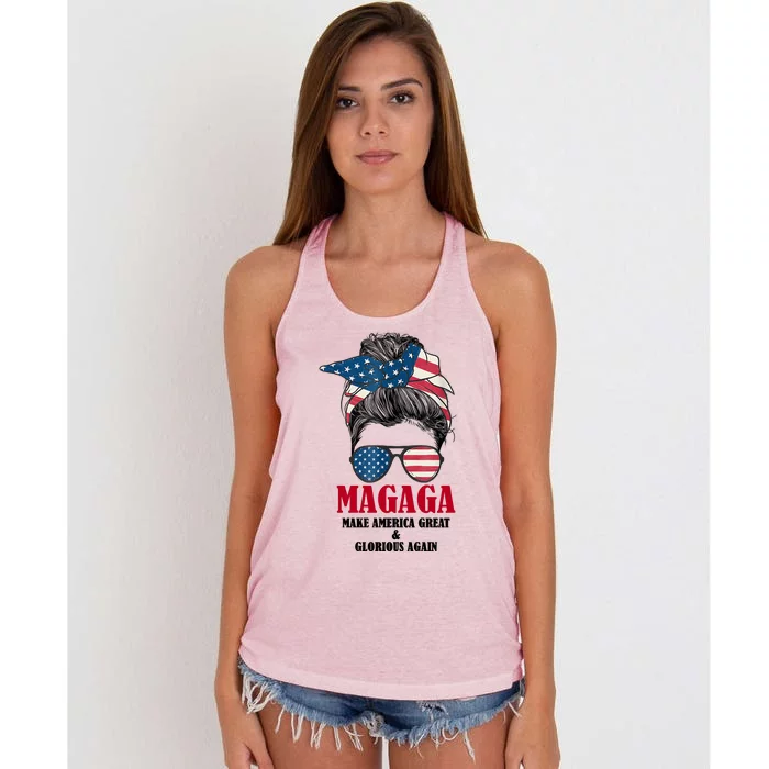 MAGAGA Make America Great And Glorious Again Messy Bun Women's Knotted Racerback Tank