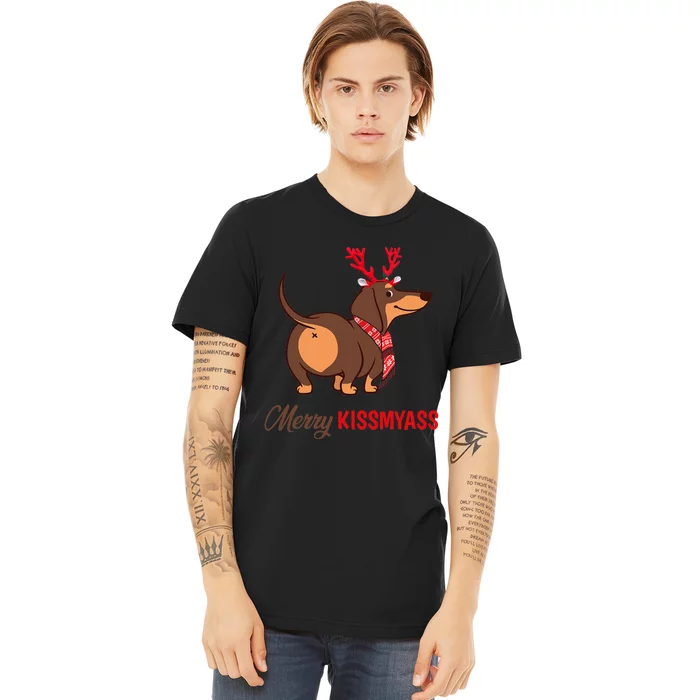 Merry My Ass Funny Christmas Reindeer Dachshund Dog Lover Premium T-Shirt