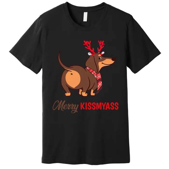 Merry My Ass Funny Christmas Reindeer Dachshund Dog Lover Premium T-Shirt