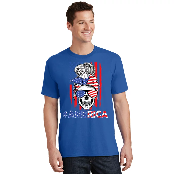 Merica Messy Bun Skull 4th Of July American Flag Patriotic Cool Gift T-Shirt