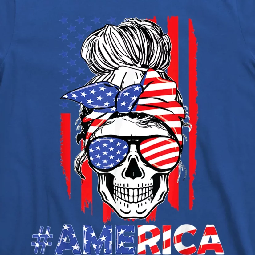 Merica Messy Bun Skull 4th Of July American Flag Patriotic Cool Gift T-Shirt