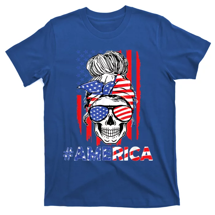 Merica Messy Bun Skull 4th Of July American Flag Patriotic Cool Gift T-Shirt