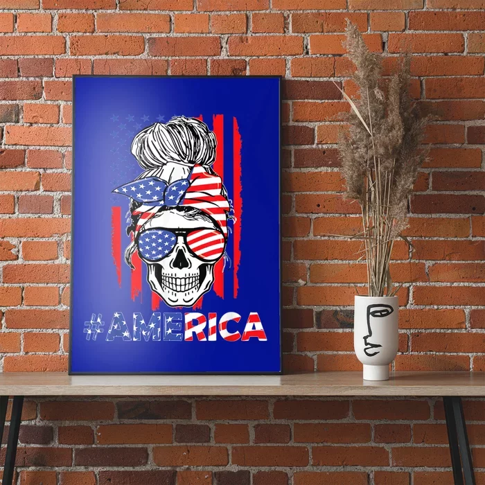 Merica Messy Bun Skull 4th Of July American Flag Patriotic Cool Gift Poster