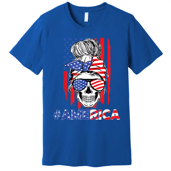 Merica Messy Bun Skull 4th Of July American Flag Patriotic Cool Gift Premium T-Shirt