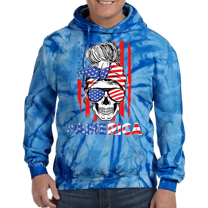 Merica Messy Bun Skull 4th Of July American Flag Patriotic Cool Gift Tie Dye Hoodie