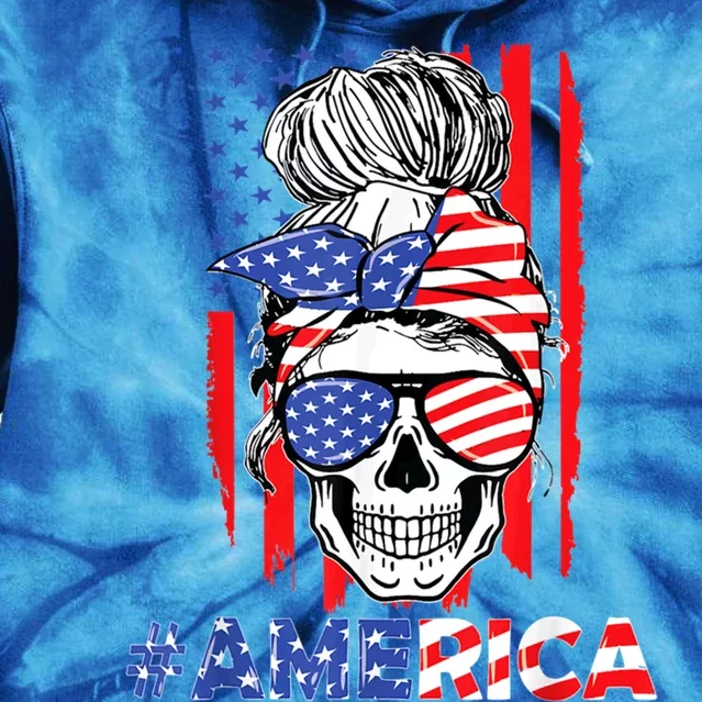 Merica Messy Bun Skull 4th Of July American Flag Patriotic Cool Gift Tie Dye Hoodie