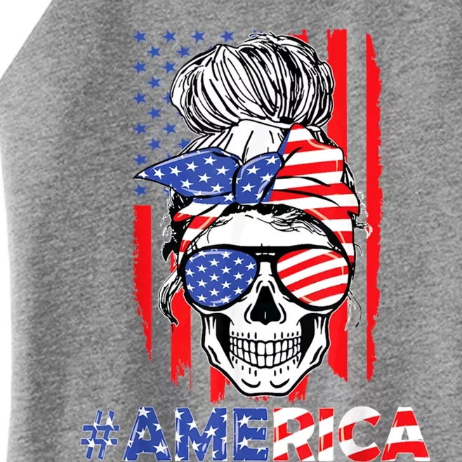 Merica Messy Bun Skull 4th Of July American Flag Patriotic Cool Gift Women’s Perfect Tri Rocker Tank