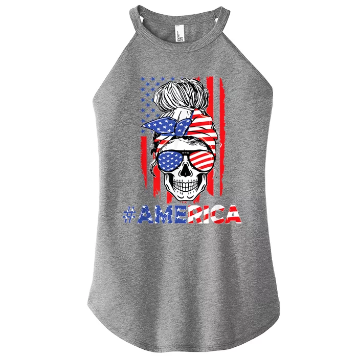 Merica Messy Bun Skull 4th Of July American Flag Patriotic Cool Gift Women’s Perfect Tri Rocker Tank