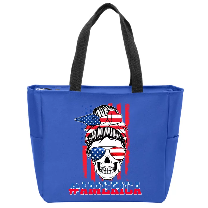 Merica Messy Bun Skull 4th Of July Patriotic American Flag Gift Zip Tote Bag