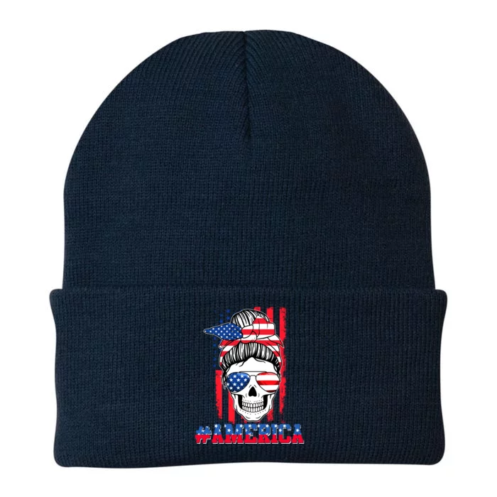 Merica Messy Bun Skull 4th Of July Patriotic American Flag Gift Knit Cap Winter Beanie