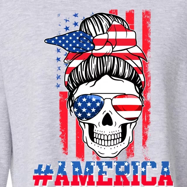 Merica Messy Bun Skull 4th Of July Patriotic American Flag Gift Cropped Pullover Crew