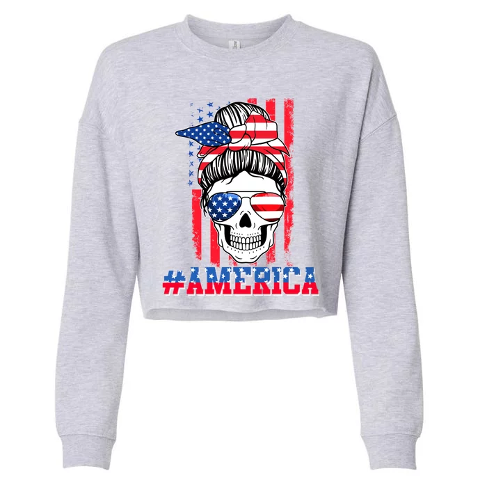 Merica Messy Bun Skull 4th Of July Patriotic American Flag Gift Cropped Pullover Crew