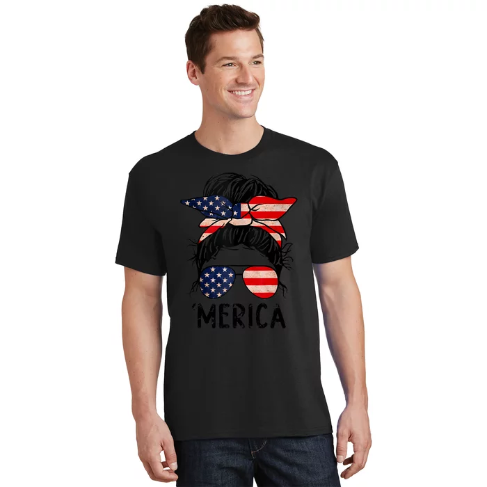 Merica Messy Bun 4th of July American Flag Sunglasses Wo T-Shirt