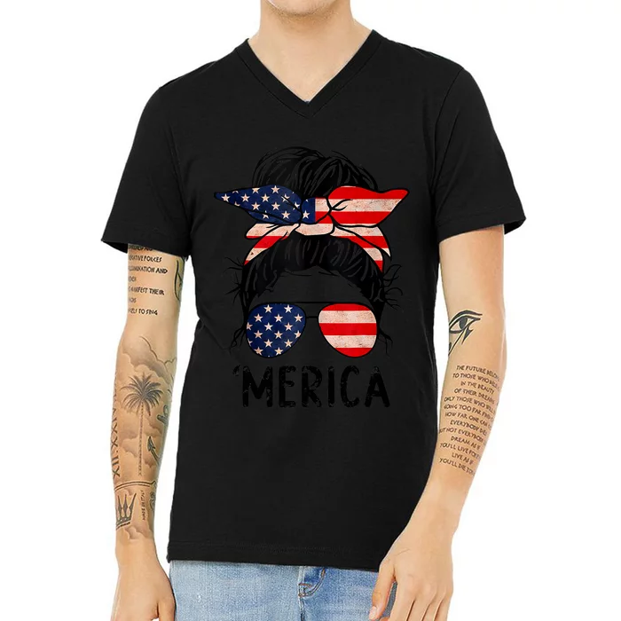 Merica Messy Bun 4th of July American Flag Sunglasses Wo V-Neck T-Shirt