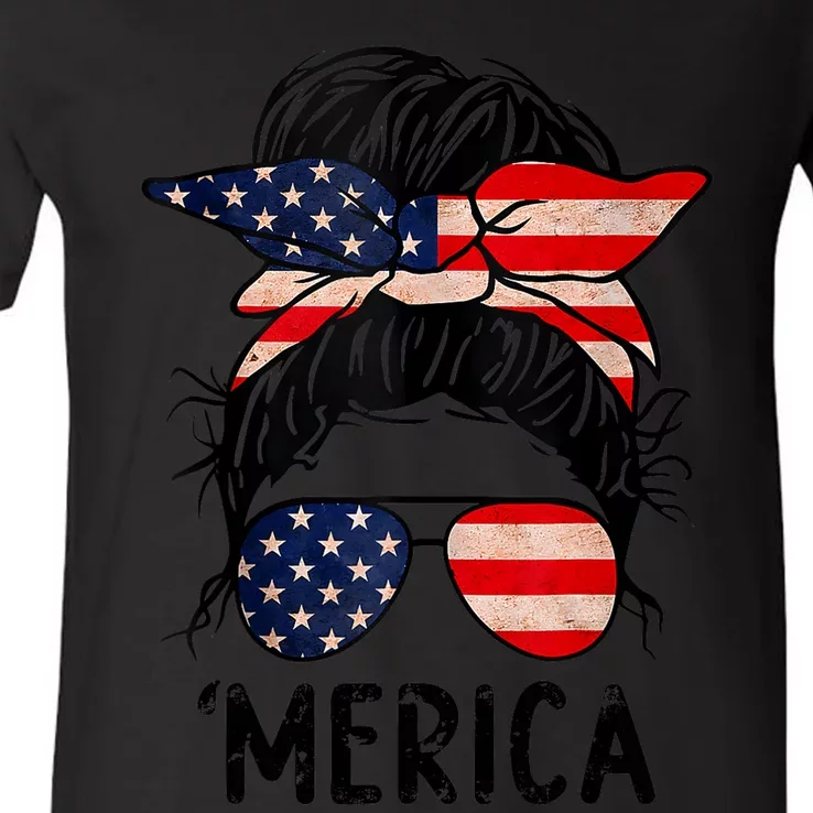 Merica Messy Bun 4th of July American Flag Sunglasses Wo V-Neck T-Shirt