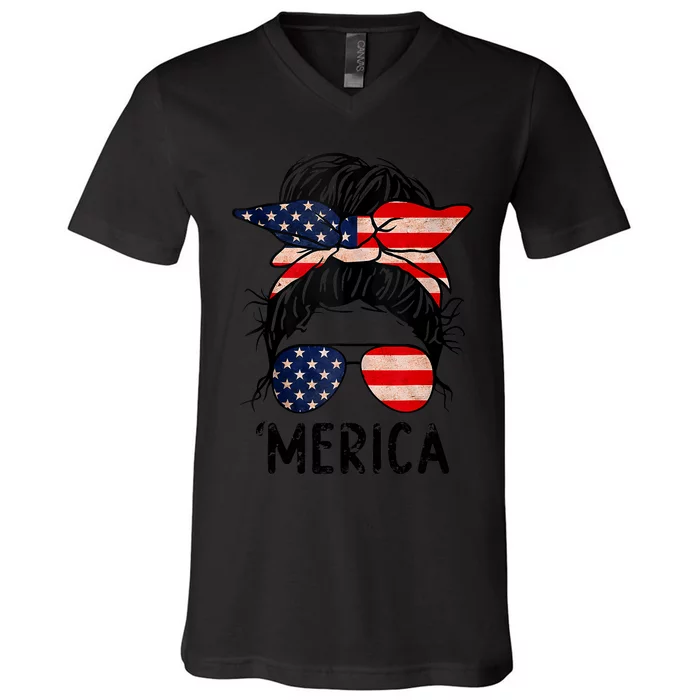 Merica Messy Bun 4th of July American Flag Sunglasses Wo V-Neck T-Shirt