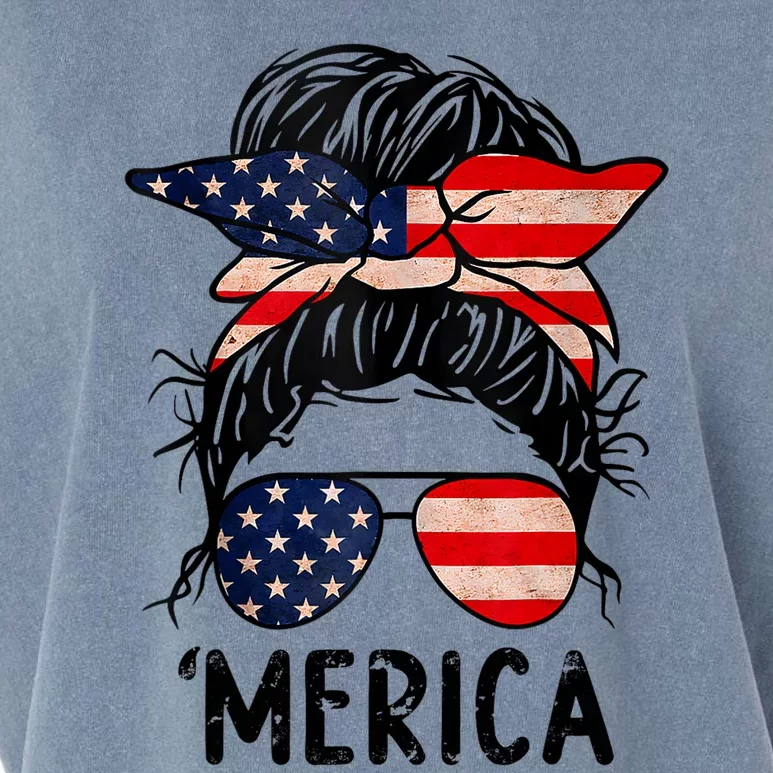 Merica Messy Bun 4th of July American Flag Sunglasses Wo Garment-Dyed Women's Muscle Tee