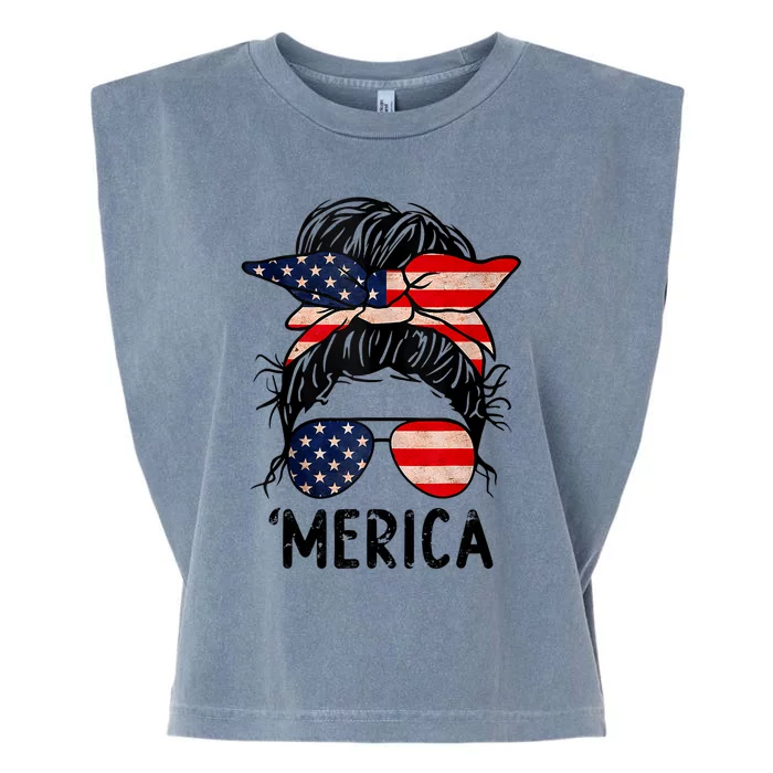 Merica Messy Bun 4th of July American Flag Sunglasses Wo Garment-Dyed Women's Muscle Tee