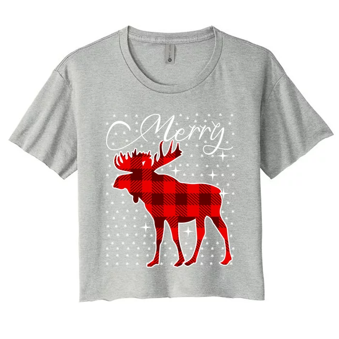 Merry Moose Buffalo Red Plaid Funny Couples Christmas Pajama Gift Women's Crop Top Tee