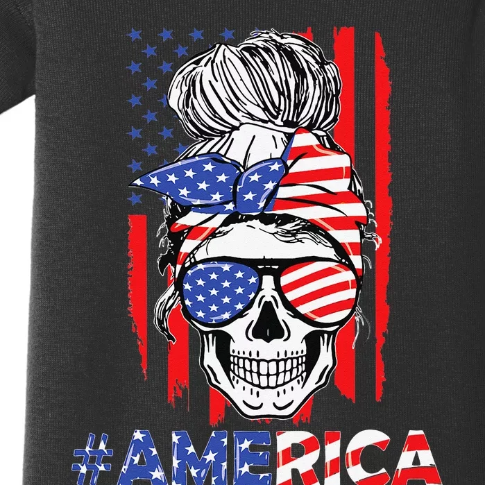 Merica Messy Bun Skull 4th Of July American Flag Baby Bodysuit