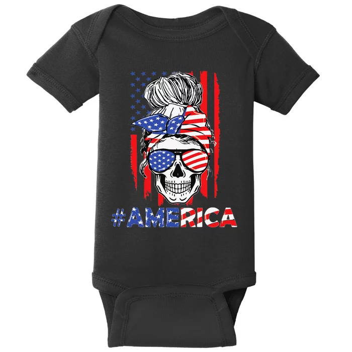 Merica Messy Bun Skull 4th Of July American Flag Baby Bodysuit