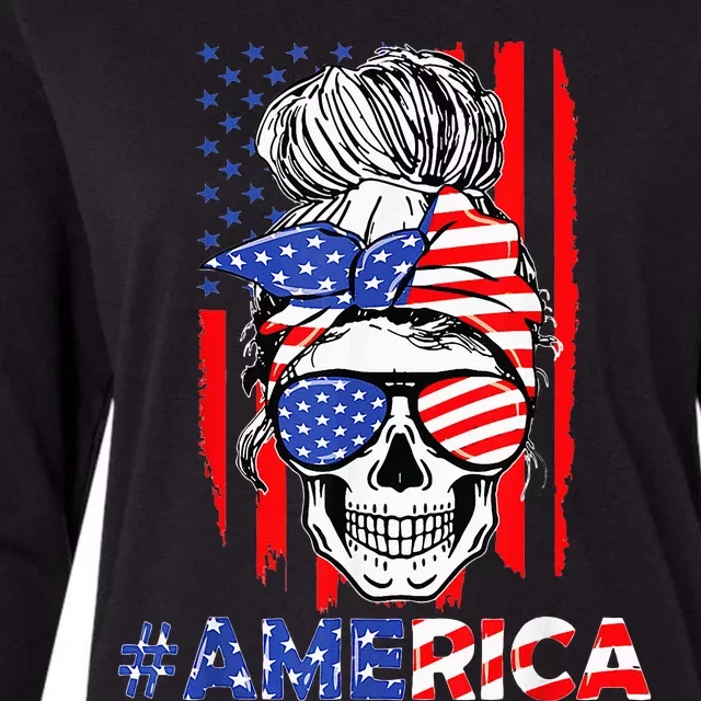 Merica Messy Bun Skull 4th Of July American Flag Patriotic Womens Cotton Relaxed Long Sleeve T-Shirt