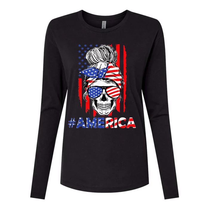 Merica Messy Bun Skull 4th Of July American Flag Patriotic Womens Cotton Relaxed Long Sleeve T-Shirt