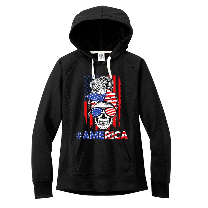 Merica Messy Bun Skull 4th Of July American Flag Patriotic Women's Fleece Hoodie