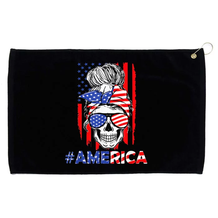 Merica Messy Bun Skull 4th Of July American Flag Patriotic Grommeted Golf Towel