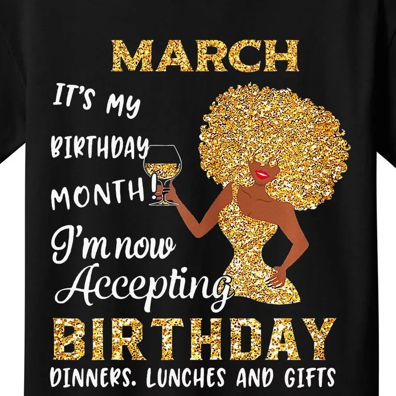 March My Birthday Month Gold Glitter Black Afro Gift Kids T-Shirt