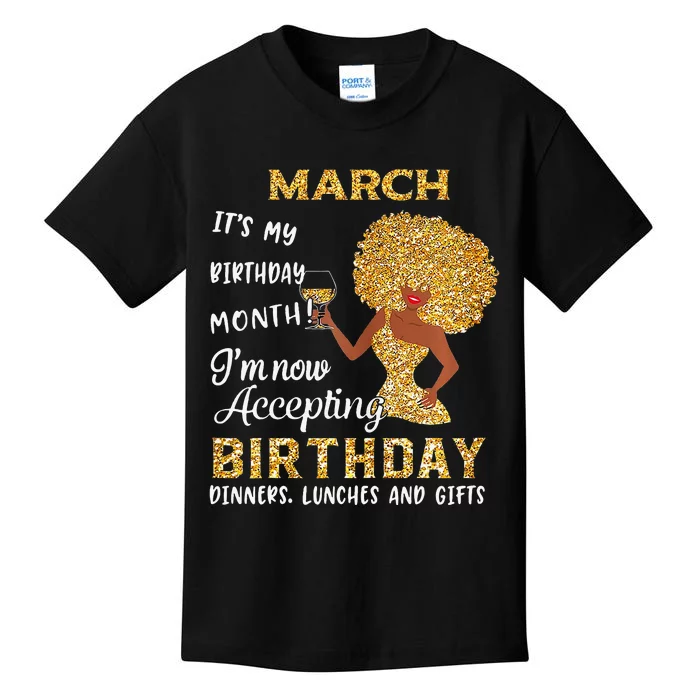 March My Birthday Month Gold Glitter Black Afro Gift Kids T-Shirt