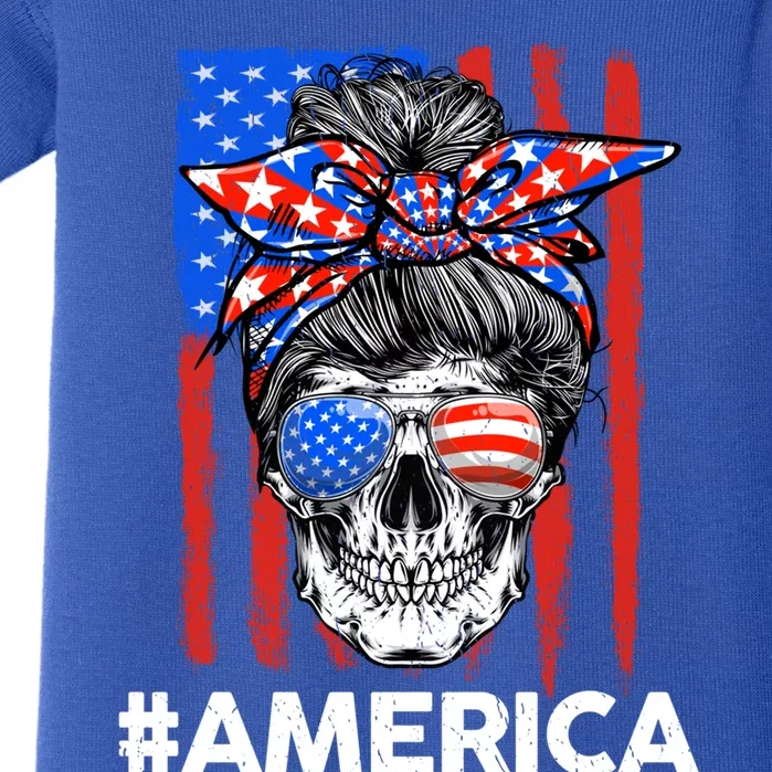 Merica Messy Bun Skull 4th Of July American Flag Meaningful Gift Baby Bodysuit