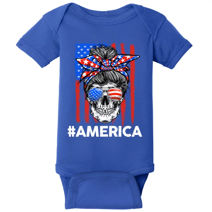 Merica Messy Bun Skull 4th Of July American Flag Meaningful Gift Baby Bodysuit