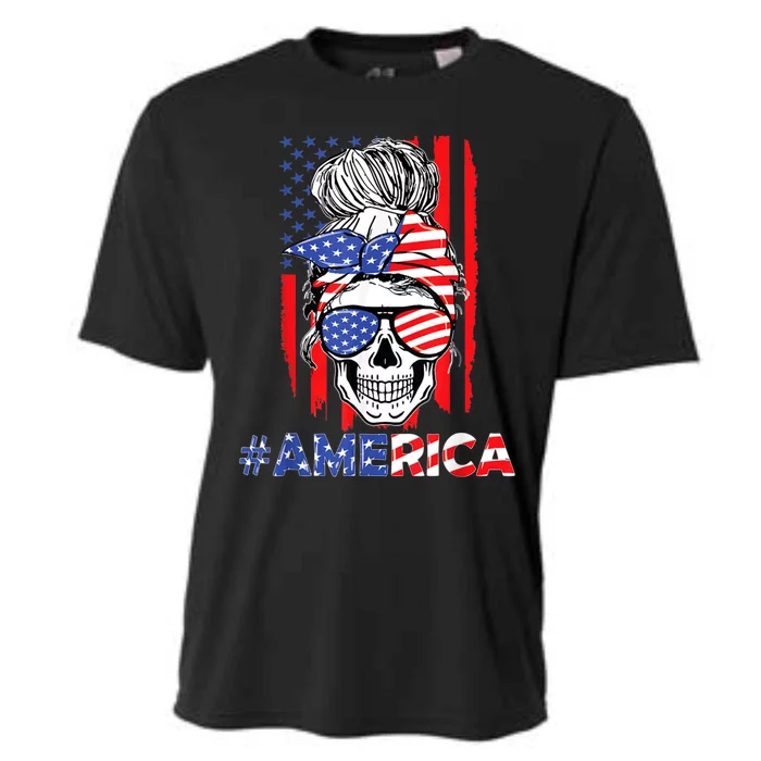 Merica Messy Bun Skull 4th Of July American Flag Patriotic Meaningful Gift Cooling Performance Crew T-Shirt