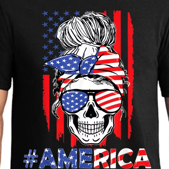 Merica Messy Bun Skull 4th Of July American Flag Patriotic Meaningful Gift Pajama Set