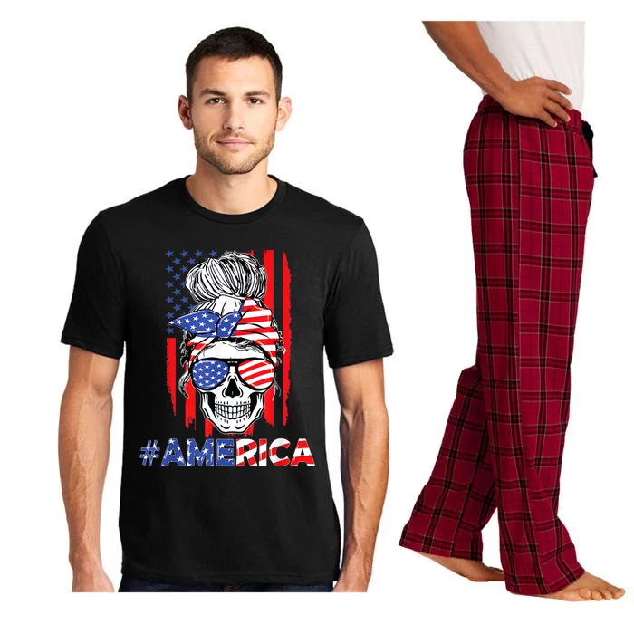 Merica Messy Bun Skull 4th Of July American Flag Patriotic Meaningful Gift Pajama Set