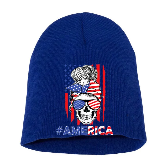 Merica Messy Bun Skull 4th Of July American Flag Patriotic Meaningful Gift Short Acrylic Beanie