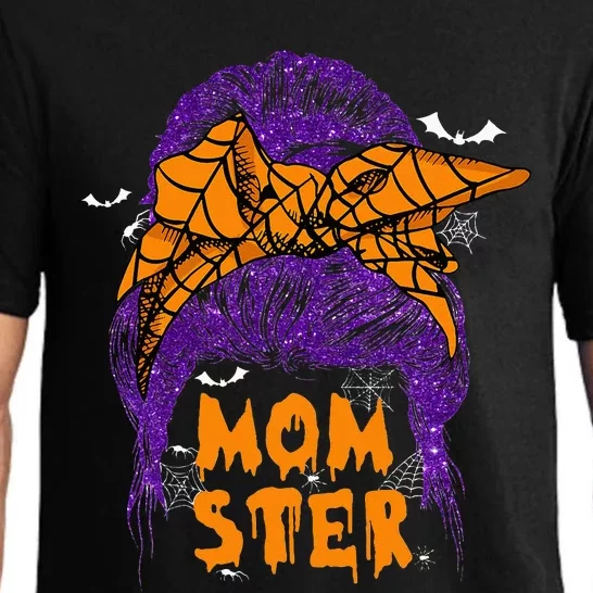 Momster Messy Bun Hair Skull Witch Spider Halloween Pajama Set