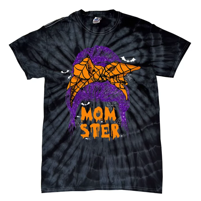 Momster Messy Bun Hair Skull Witch Spider Halloween Tie-Dye T-Shirt