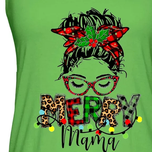 Merry Mama Christmas Messy Bun Ladies Red Plaid Leopard Gift Ladies Essential Flowy Tank