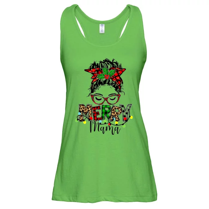 Merry Mama Christmas Messy Bun Ladies Red Plaid Leopard Gift Ladies Essential Flowy Tank