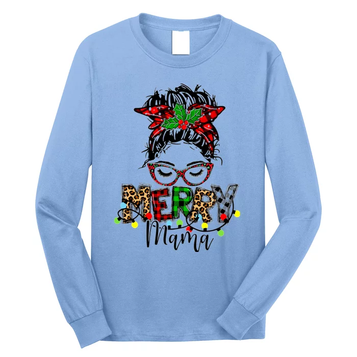 Merry Mama Christmas Messy Bun Ladies Red Plaid Leopard Gift Long Sleeve Shirt