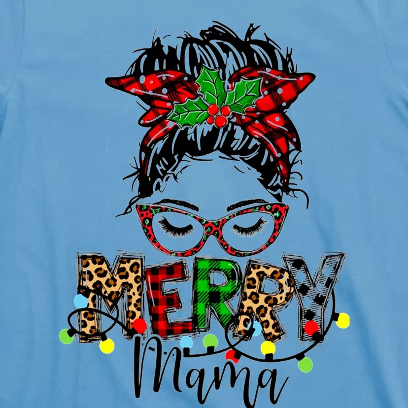 Merry Mama Christmas Messy Bun Ladies Red Plaid Leopard Gift T-Shirt