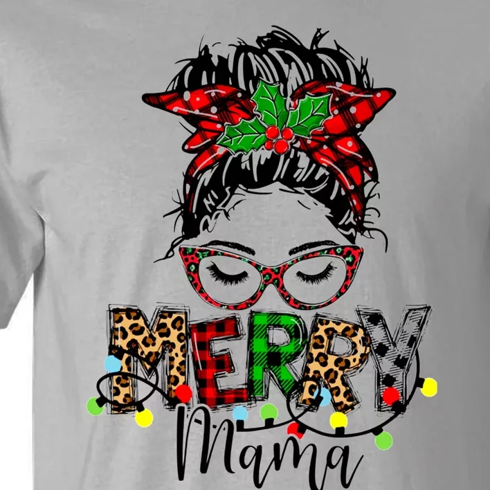 Merry Mama Christmas Messy Bun Ladies Red Plaid Leopard Gift Tall T-Shirt